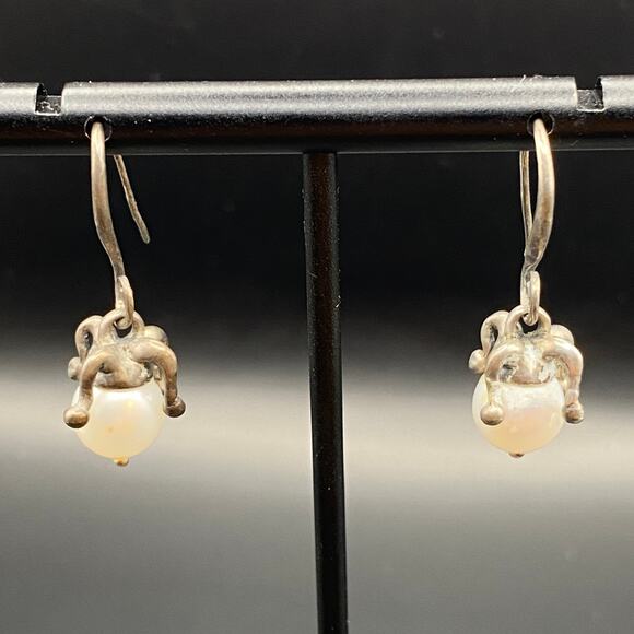 Vintage Sterling Silver Pearl Court Jester Hat Earrings Dangle Drop Unique - Picture 4 of 8